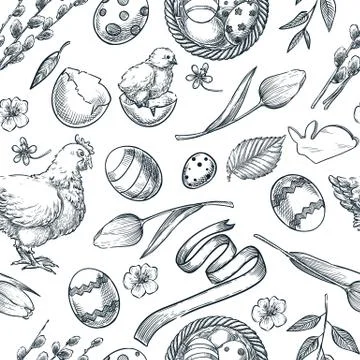 Easter holiday seamless pattern. Spring sketch vector illustration. Linear sy Stock Illustration