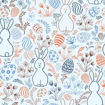 Easter holiday seamless pattern. Spring background easter eggs flowers bunny Stock Illustration