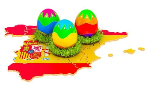 Easter holiday in Spain, Easter eggs on the Spanish map. 3D rendering East... Stock Photos