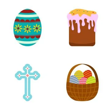 Easter holiday symbols featuring eggs, kulich, cross, and basket 스톡 일러스트