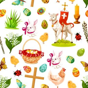Easter holiday symbols seamless pattern background 스톡 일러스트