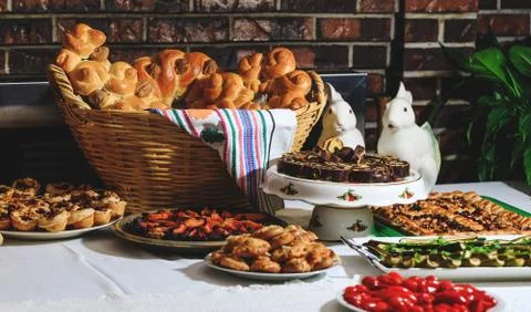 Easter holiday table with traditional bread and authentic Romanian food. Bake Stock Photos