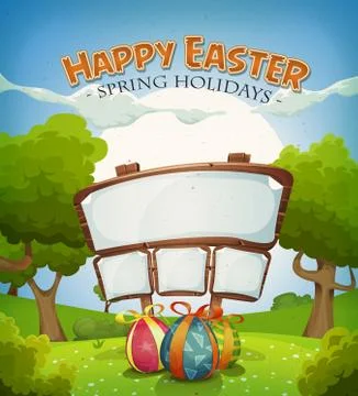 Easter Holidays And Spring Landscape With Sign Stock Illustration