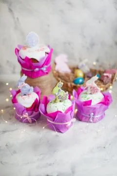 Easter holidays breakfast concept with copy space. Easter composition with or Stock Photos