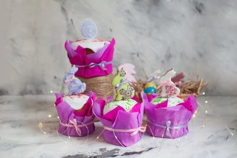 Easter holidays breakfast concept with copy space. Easter composition with or Stock Photos