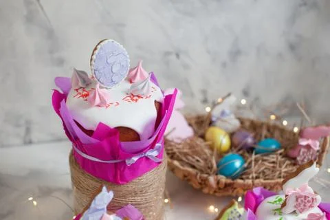 Easter holidays breakfast concept with copy space. Easter composition with or Stock Photos