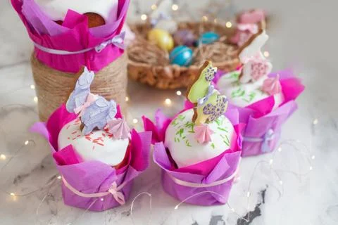 Easter holidays breakfast concept with copy space. Easter composition with or Stock Photos