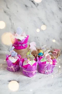 Easter holidays breakfast concept with copy space. Easter composition with or Stock Photos