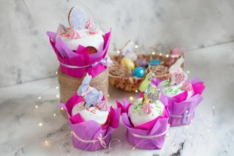 Easter holidays breakfast concept with copy space. Easter composition with or Stock Photos