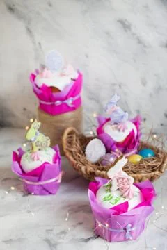 Easter holidays breakfast concept with copy space. Easter composition with or Stock Photos