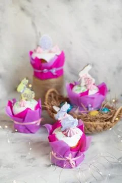 Easter holidays breakfast concept with copy space. Easter composition with or Stock Photos