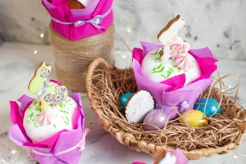 Easter holidays breakfast concept with copy space. Easter composition with or Stock Photos