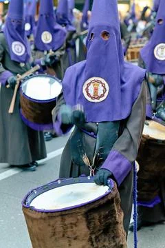 Easter Holy Week processions in Zaragoza with musicians on drums Stock Photos