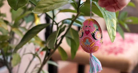 Easter home decor with handcrafted decorations featuring egg pysanka designs for Stock Footage 305027804