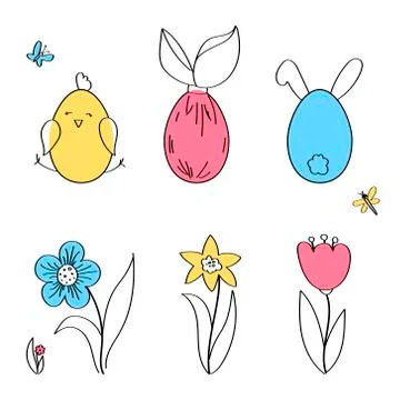 Easter horizontal borders with funny cute chickens and rabbits, flowers, inse Stock Illustration