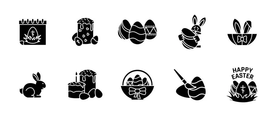 Easter icon set black. Collection of holiday symbols - eggs, Easter bunny, .. Illustrazione stock