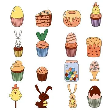 Easter icon set. Black shape sweet bakery food pictograms Stock Illustration