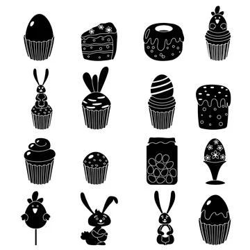 Easter icon set. Black shape sweet bakery food pictograms Illustrazione stock
