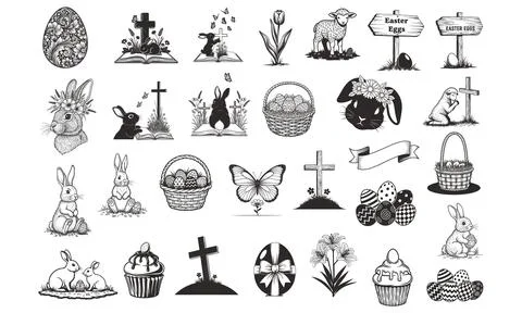 Easter icon set bunny egg cross floral christian line art illustration Stock Illustration