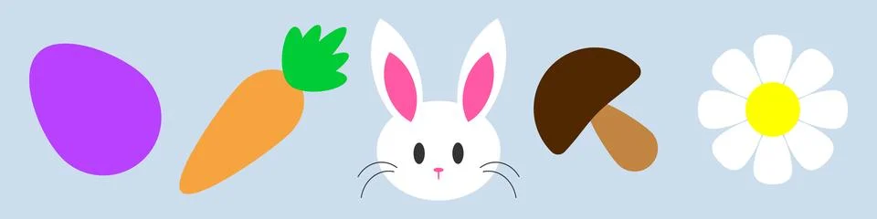 Easter icon set. Easter elements for design. Chamomile, carrot, mushroom, egg  Stockillustratie
