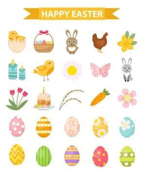 Easter icon set, flat style. Isolated on white background. Vector illustratio Stock Illustration