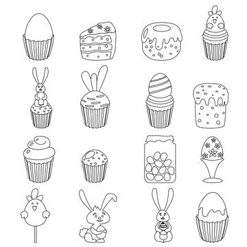 Easter icon set. Outline sweet bakery food pictograms Stock Illustration