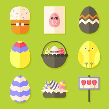 Easter icons set with shadows over green Ilustração Stock
