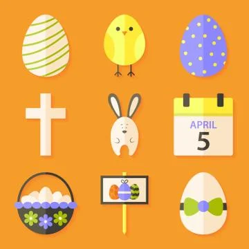 Easter icons set with shadows over orange Ilustração Stock