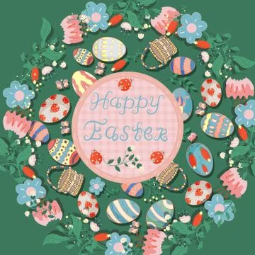 Easter illustration in the 1 circular vegetative ornament of flowers located Stock Illustration
