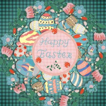 Easter illustration in the 2 circular vegetative ornament of flowers located Stock Illustration