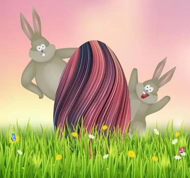 Easter illustration with abstract egg and bunnies. Stock Illustration