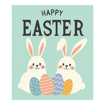 Easter illustration with bunnies, colored eggs and Happy Easter lettering. Stock Illustration