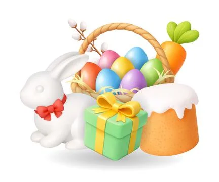 Easter illustration with bunny, cake, gift box and basket of colorful eggs. 3D Stock Illustration