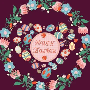 Easter illustration in the circular vegetative ornament of flowers located pa Stock Illustration