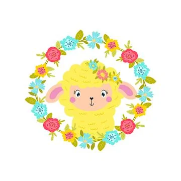 Easter illustration of cute lamb in spring flowers. Stock Illustration