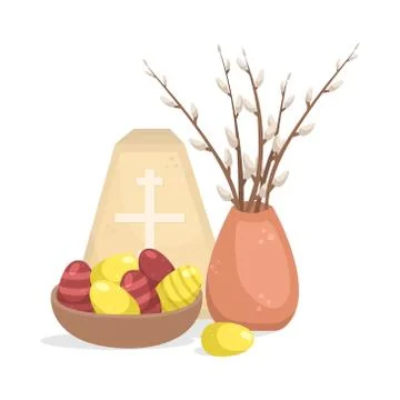 Easter illustration with a easter eggs, willow twigs and cottage cheese Easte Illustrazione stock
