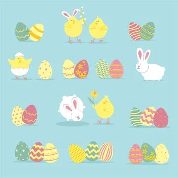 Easter illustration with eggs, rabbits and chickens. Religious holiday vector Stock Illustration
