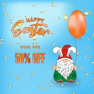 Easter illustration. The gnome is standing with a balloon. Sale. Stock Illustration