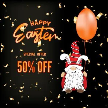 Easter illustration. The gnome is standing with a balloon. Sale. Stock Illustration