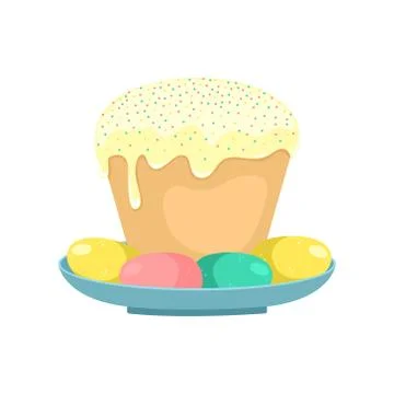 Easter illustration with a kulich and Easter eggs. Stock Illustration