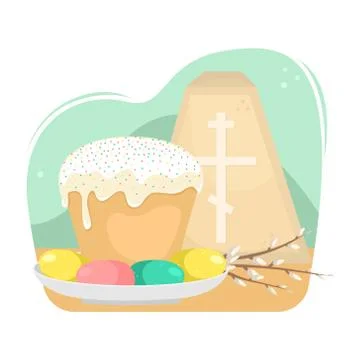 Easter illustration with a kulich, willow twigs and cottage cheese Easter. Illustrazione stock