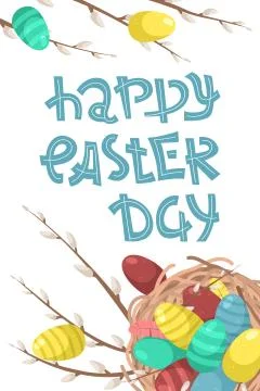 Easter illustration with lettering. Flat lay background with Easter eggs and 库存插图