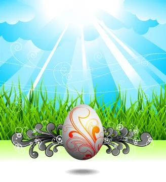 Easter illustration with painted egg and floral motives on spring background. イラスト素材