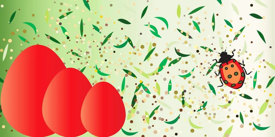 Easter illustration with red Easter eggs, lady bug and green grass background Illustrazione stock