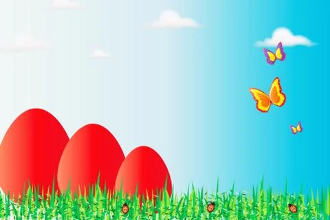 Easter illustration with red Easter eggs in the nature Ilustración de archivo