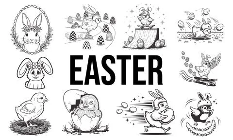 Easter illustration set bunny chick egg playful spring line art design Stock Illustration