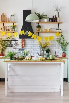 Easter interior in white cute retro kitchen 库存照片