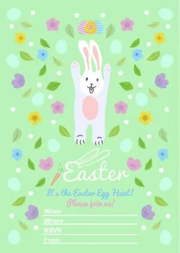 Easter invitations templates with eggs, flowers, floral frames, cute bunny an Stock Illustration