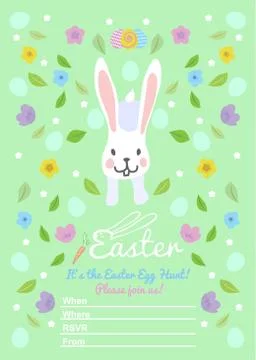 Easter invitations templates with eggs, flowers, floral frames, cute bunny an Illustrazione stock