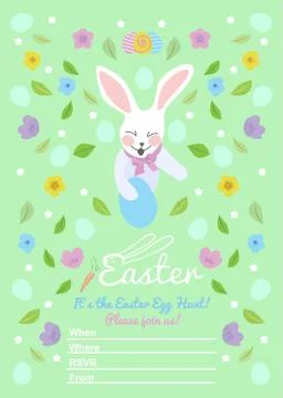 Easter invitations templates with eggs, flowers, floral frames, rabbit and ty Stock Illustration